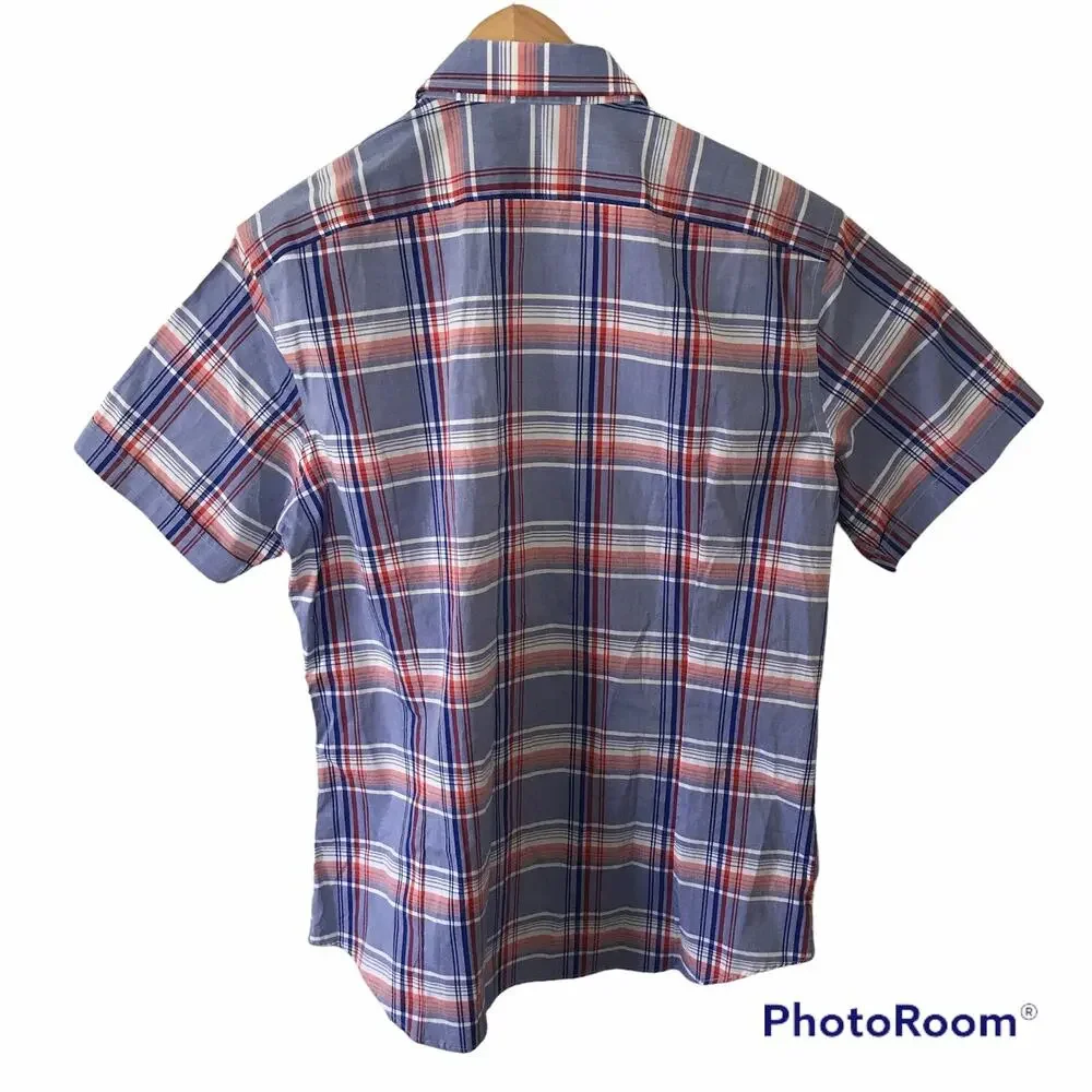 Banana Republic Shirt Mens Large Short Sleeve Blue Plaid Button Front w Stretch